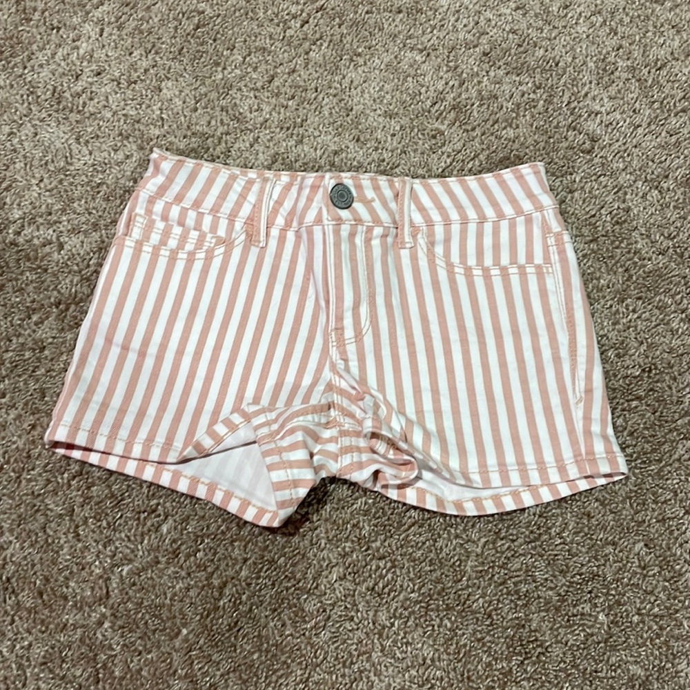 pink and white stripe jean shorts